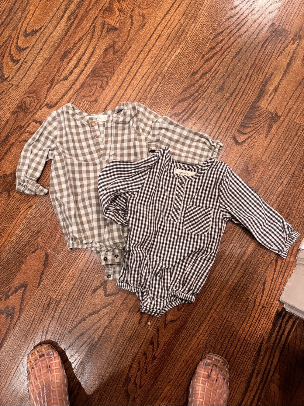Two Pehr Gingham Long-Sleeve One-Piece Bodysuits 12-18m